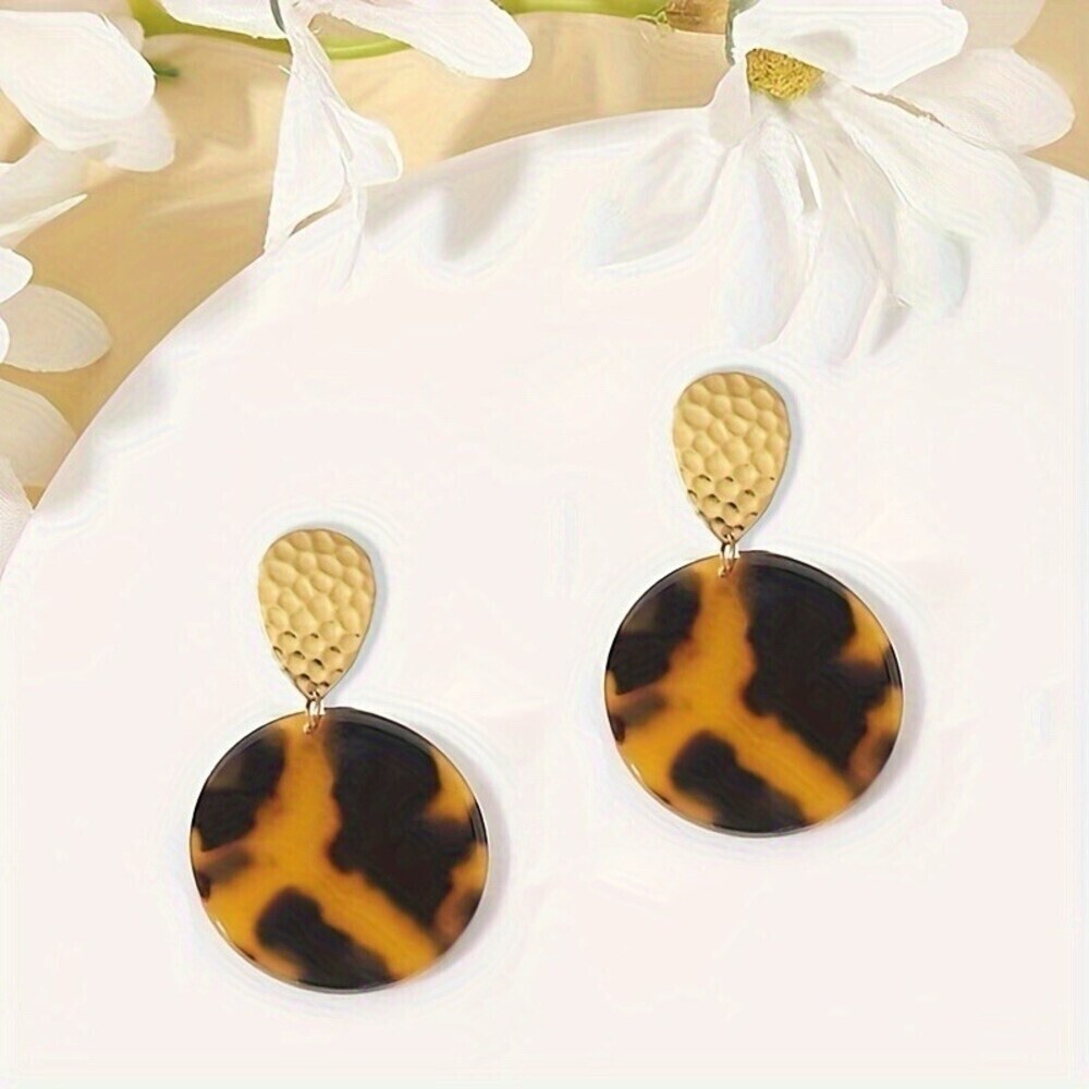 Hammered Teardrop & Tortoise Round Disc Dangle Stud Drop Earrings Statement